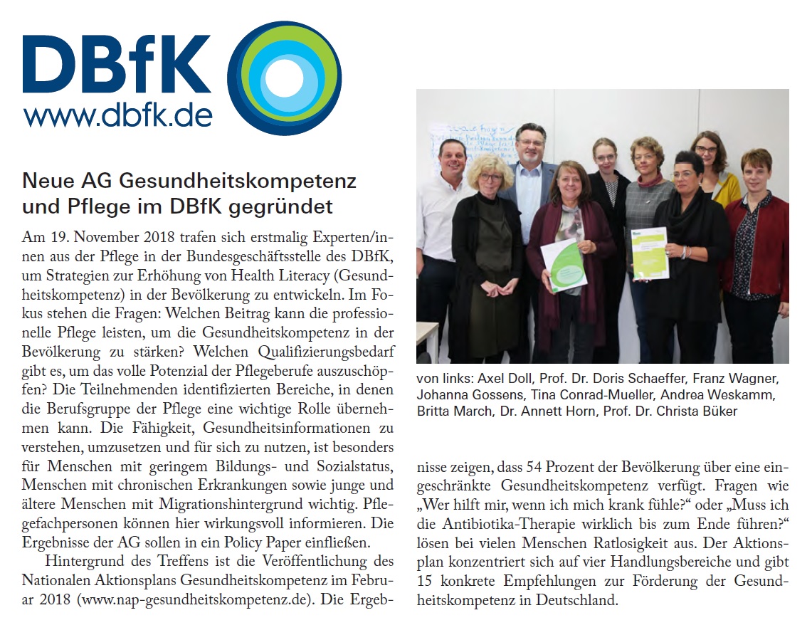 Neuen AG Gesundheitskompetenz und Pflege im DBfK gegründet